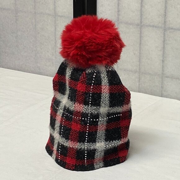 Rhinestone Bling Fuzzy Beanie Hat Pom Pom Plaid Red Black White Warm Winter Chic - Picture 3 of 8